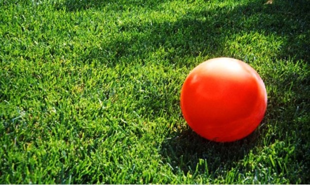 An orange kickball lays on a green grassy lawn